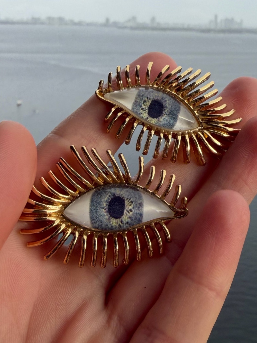 Gold Eyelash Eye Stud Earrings with Blue Iris